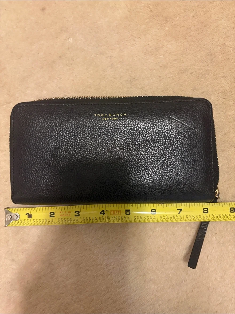 Tory Burch Black Pebbled Leather Zip Wristlet with Gold Logo